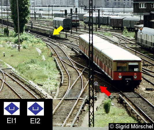 Eine Trennstelle zwischen Bln-Ostbahnhof und Warschauer Straße: der rote Pfeil zeigt auf das Signal El1, der gelbe Pfeil auf das Einschaltzeichen El2.